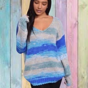 O&O Blue Multicolor Oversized Drop Shoulders Stripe Cable Knit Sweater Top NWT